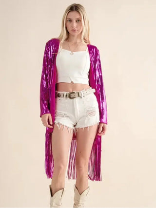 Sequin Fringe Open-Front Cardigan with Star Detail