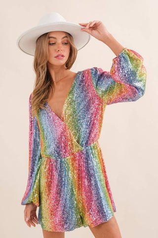 Sequin Wrap Long SLV Multi Stripe Romper